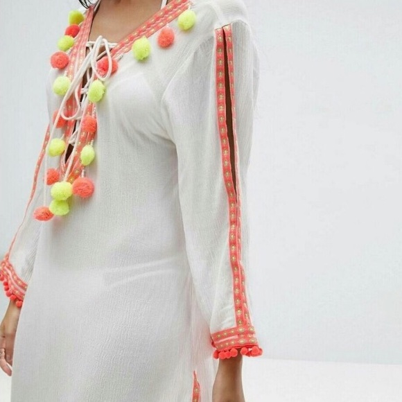 ASOS America & Beyond Grape Pom Beach Dress Caftan - Picture 2 of 10